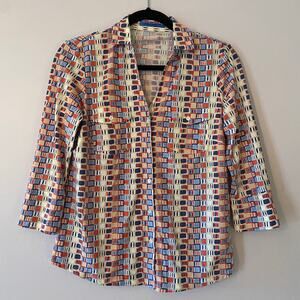 J. McLaughlin Catalina Cloth Blue Pink Geometric Button Blouse 3/4 Sleeve Small